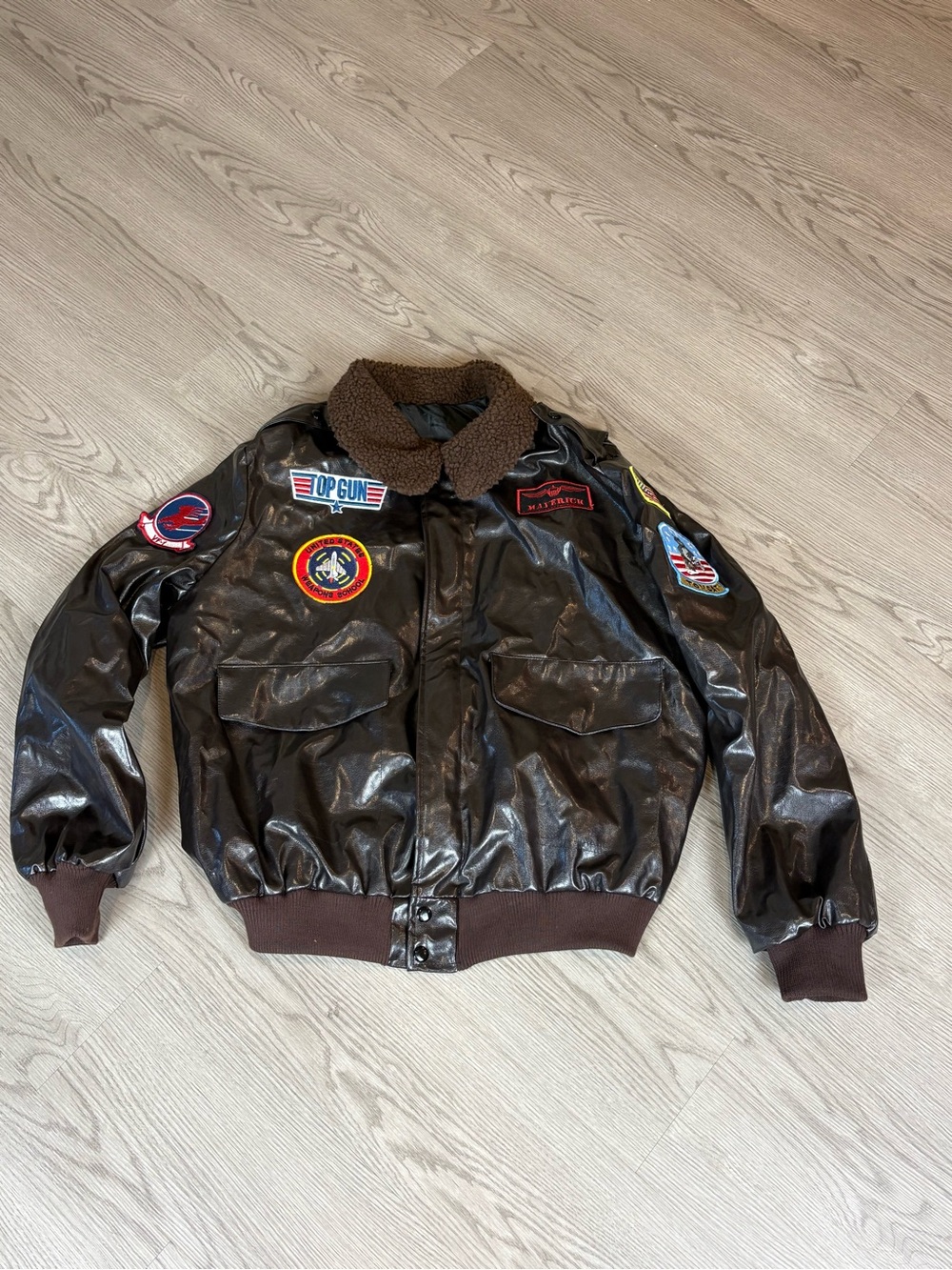 Leg Avenue Dark Brown Bomber Jacket with Shearling Collar and Patches